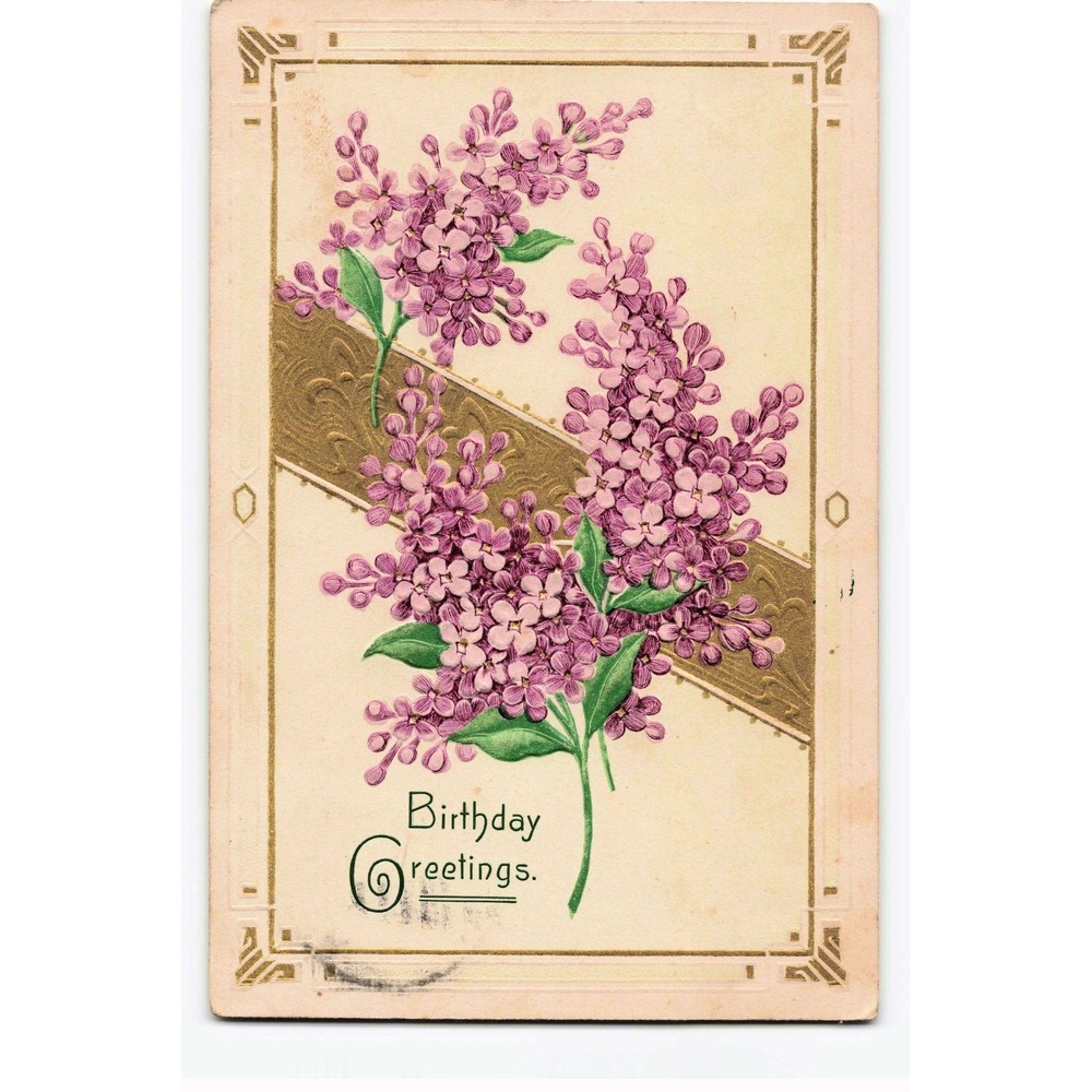 Vintage 1912 Birthday Greetings Postcard Embossed Purple Lilacs Gold Accents